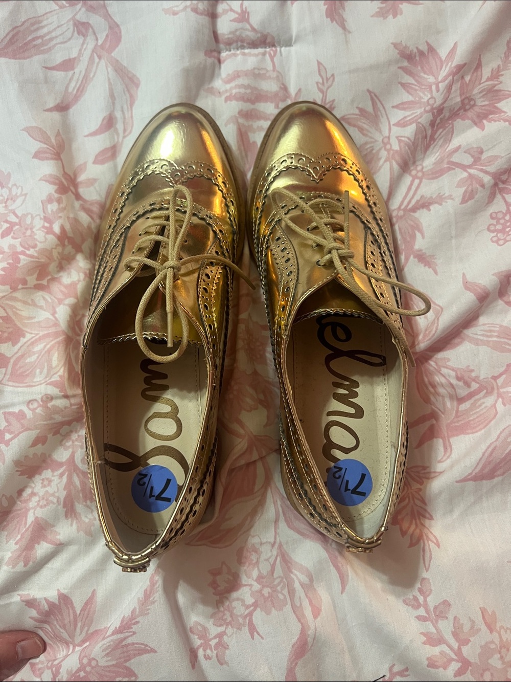 Sam Edelman Shiny Metallic Gold Wingtip Oxfords